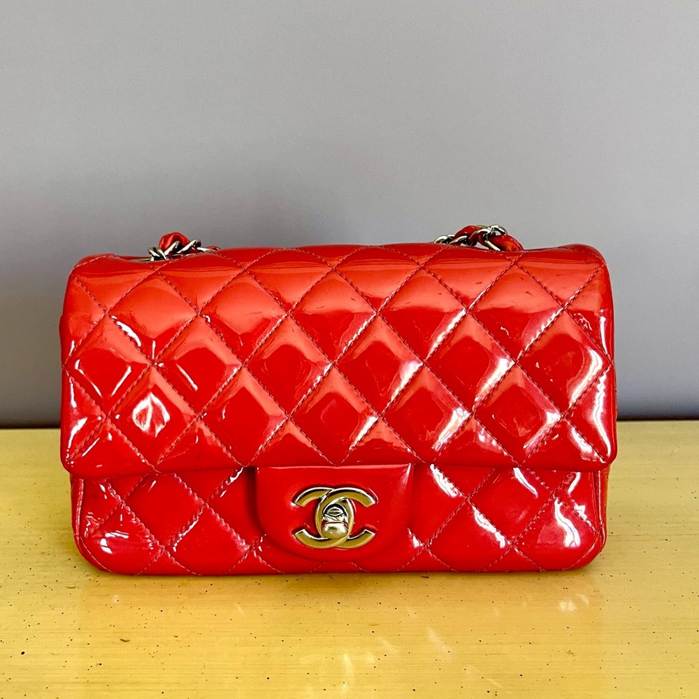 SOLD 💓Chanel Patent Calfskin Quilted Mini Rectangular Flap Pink